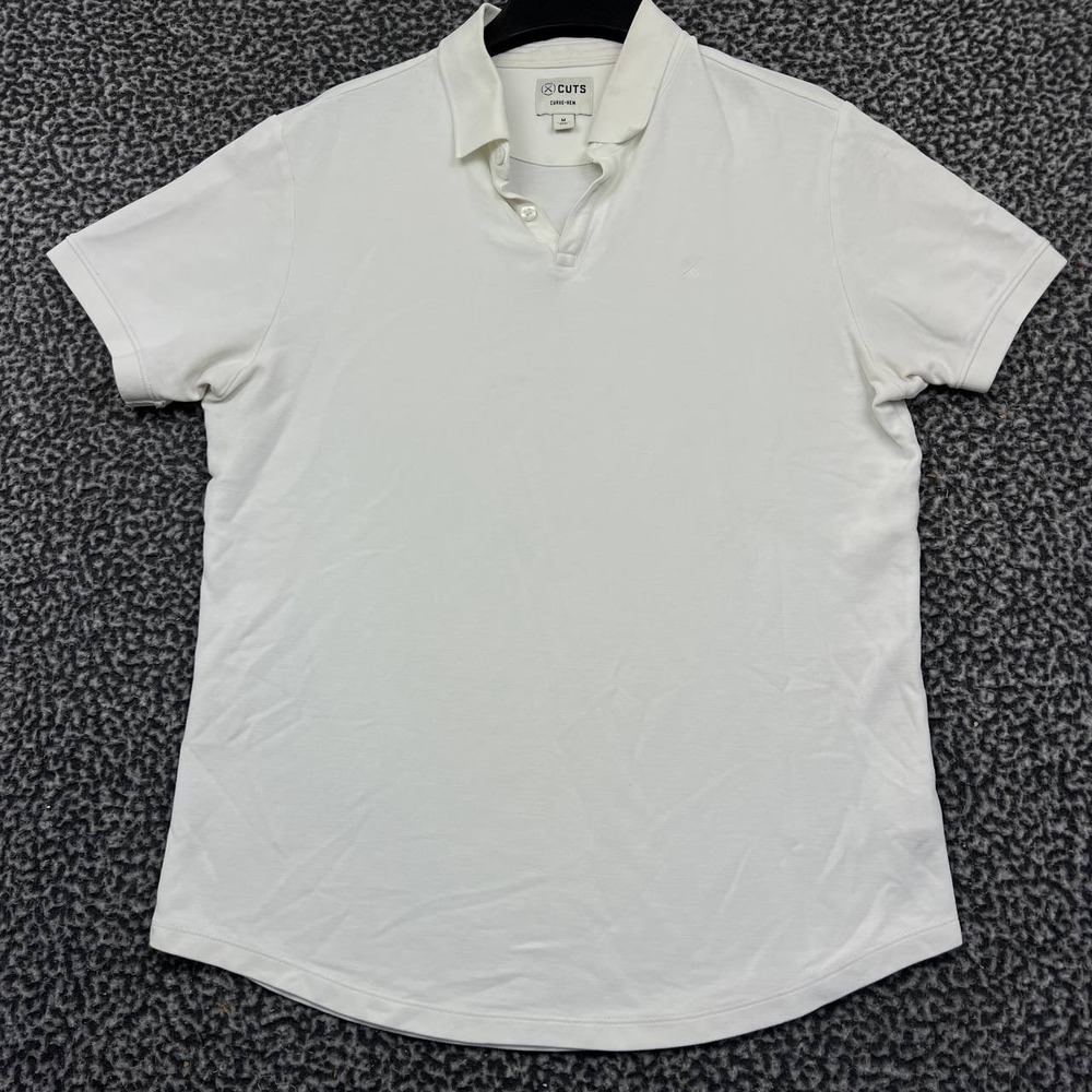 Cuts Curve Hem Polo Shirt Men Medium‎ White Short Sleeve Collared Pima Cotton M